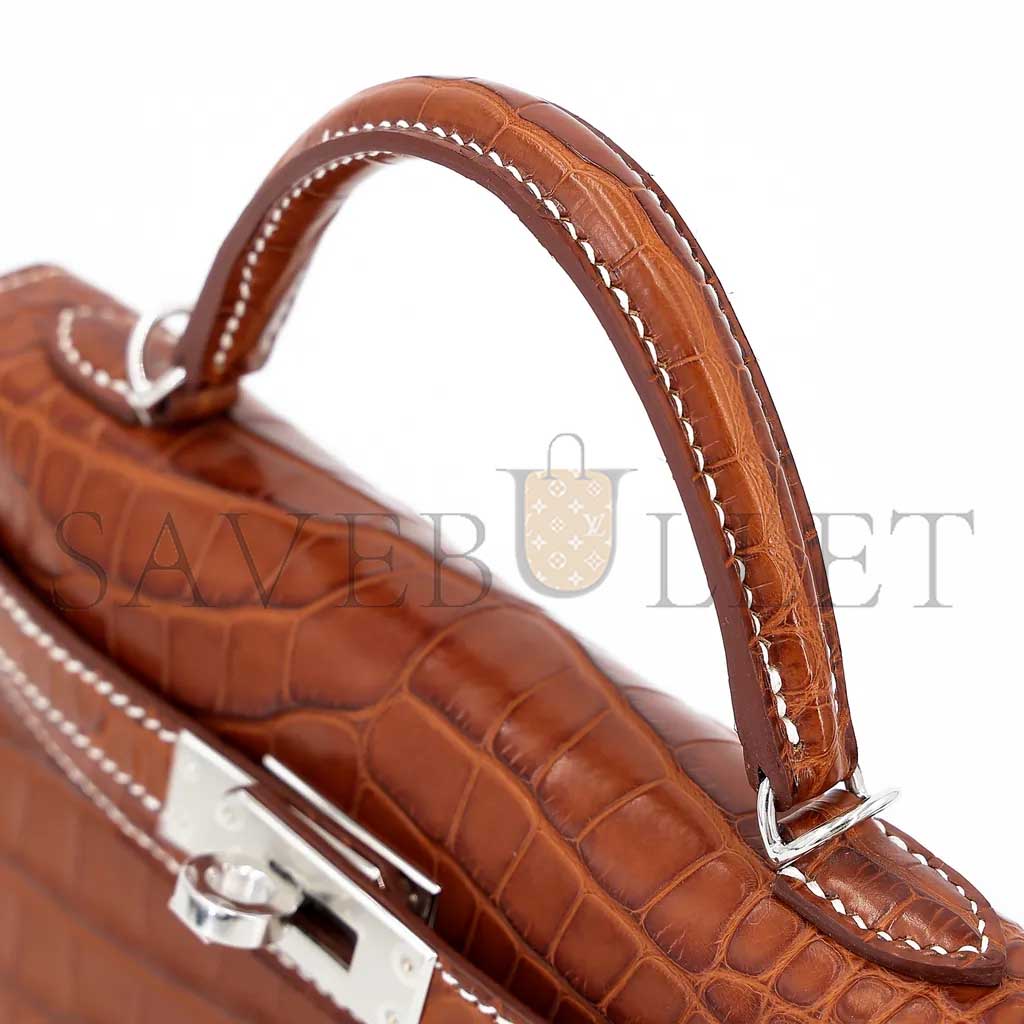 HERMÈS MASTER MINI KELLY II MATTE AMERICAN CROCODILE YELLOW SILVER BUCKLE (19*12*5.5cm)